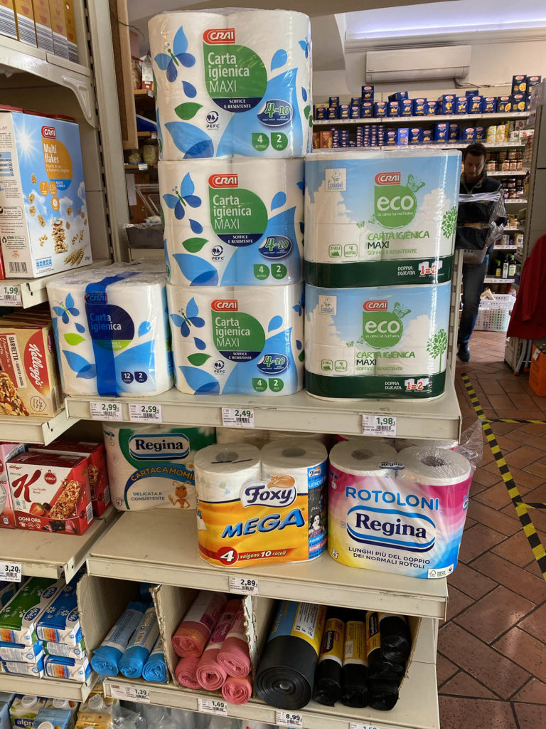 Carta Igienica (Toilet Paper) - on the shelves in Cortona's small supermarket. Yes... this is the only shelf of TP